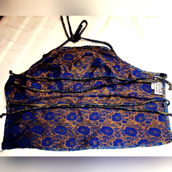 Blue Gold Backless Brocade Halter Top - Picture 2 of 2